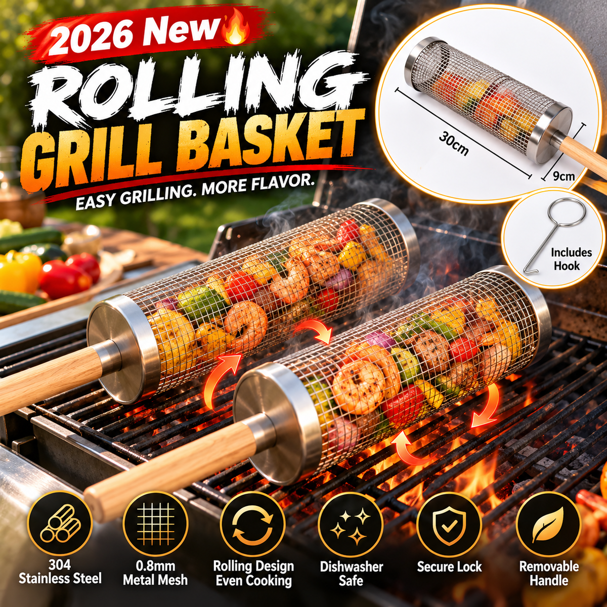 304 Stainless Steel Rolling Grill Basket with Heat Resistant Handle – BBQ Basket for Vegetables, Shrimp & Small Foods