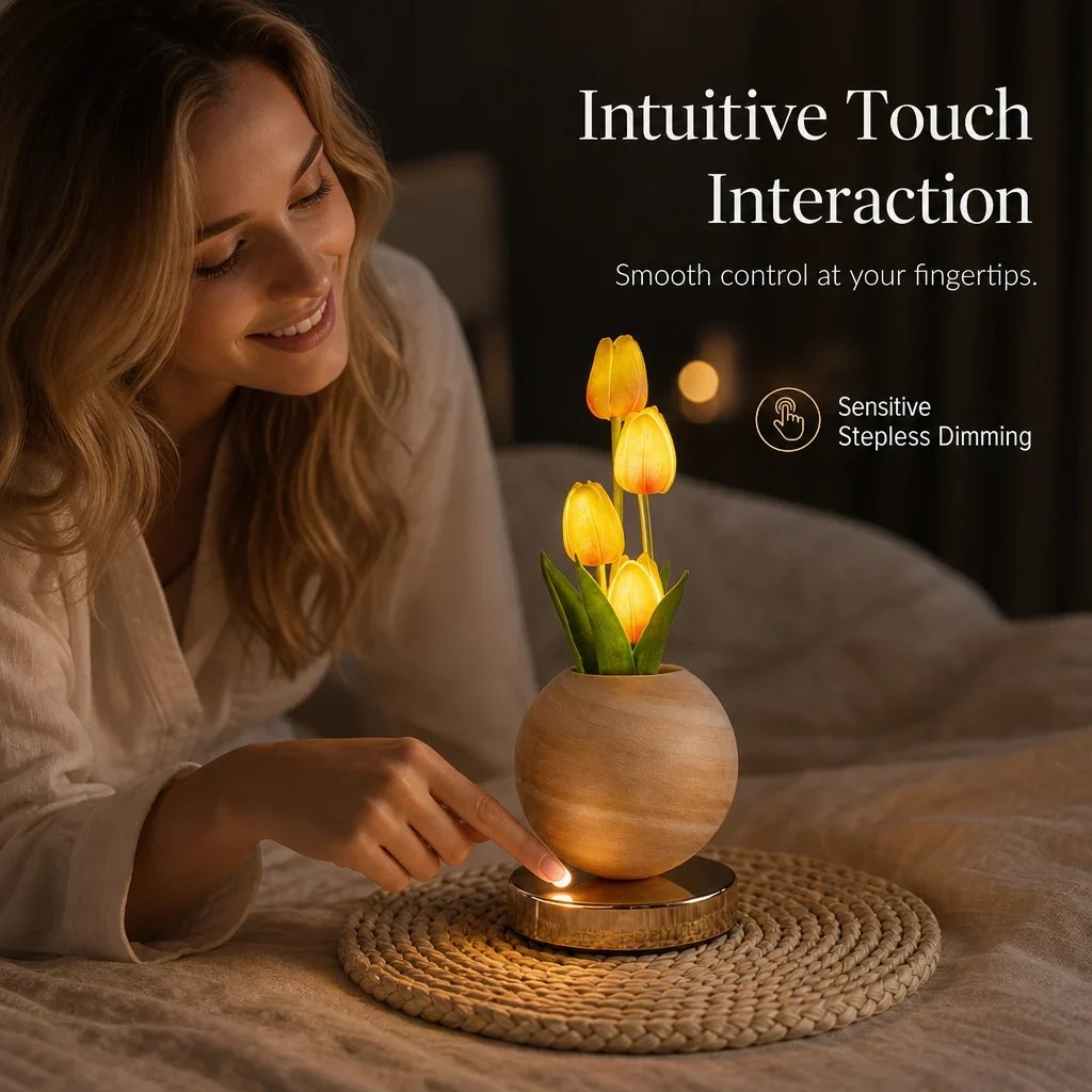 Tulip Planet LED Mood Lamp – Touch Control Bedside Light with Realistic Tulips