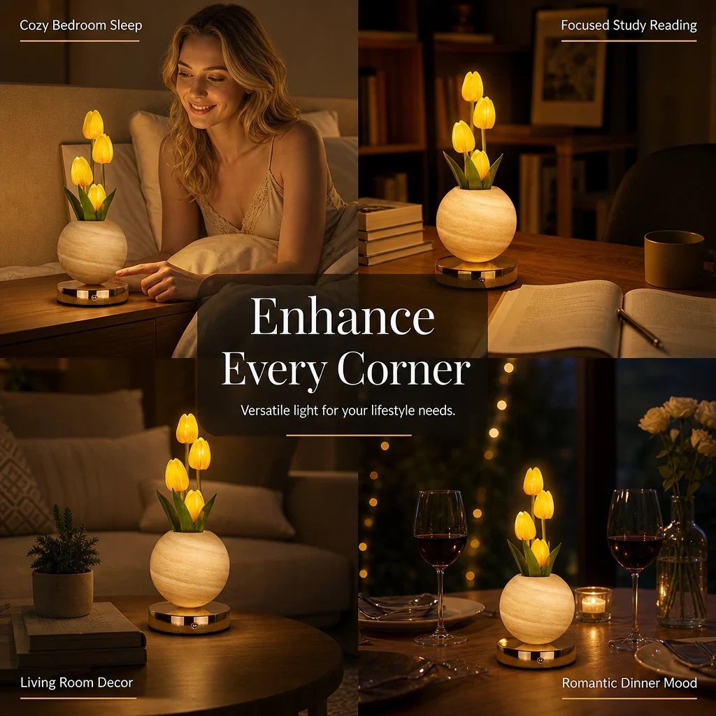 Tulip Planet LED Mood Lamp – Touch Control Bedside Light with Realistic Tulips