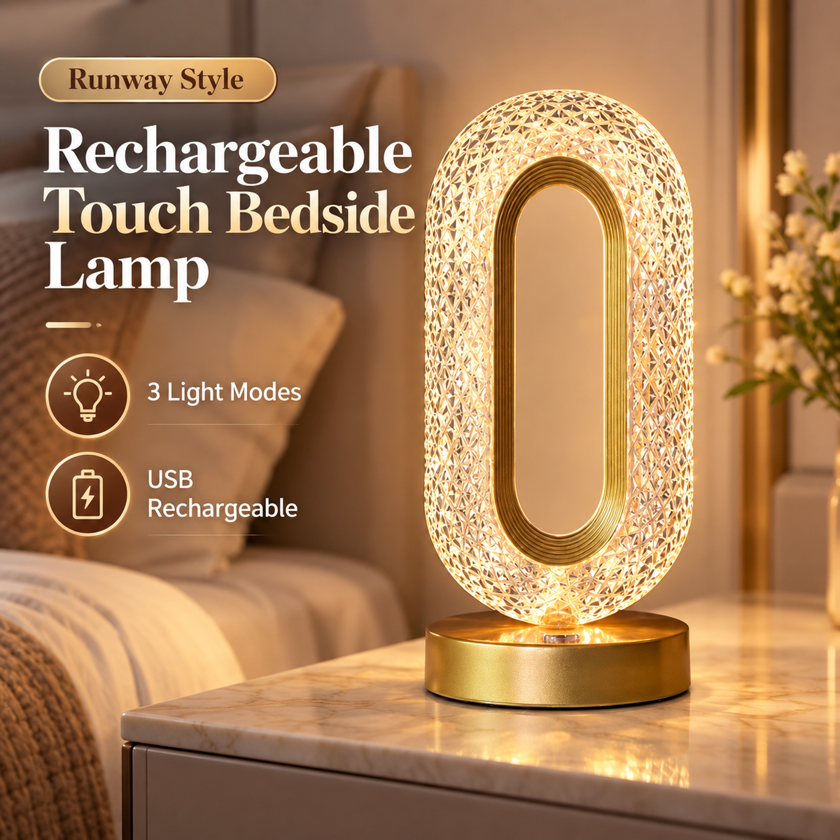 Rechargeable Touch Bedside Lamp – 3 Color LED Night Light