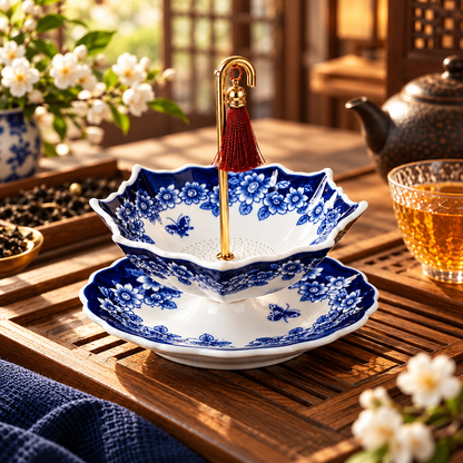 Blue & White Porcelain Umbrella Tea Infuser – Elegant Ceramic Tea Strainer with Decorative Saucer