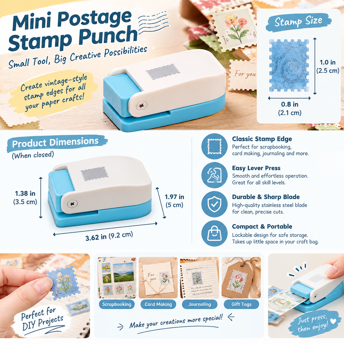 Mini Stamp Paper Punch – Postage Stamp Edge Craft Cutter for Scrapbooking & DIY