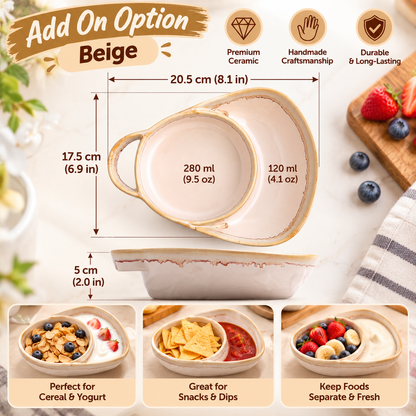 🥣 Handmade Ceramic 2-in-1 Cereal & Dip Bowl Set – Keep Crunchy & Creamy Separate