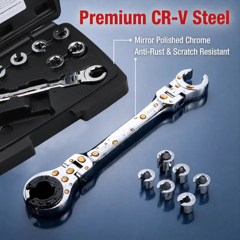 7-in-1 Ratcheting Flare Nut Wrench Set – 180° Flex Head, 8–14mm Metric Line Wrench Kit