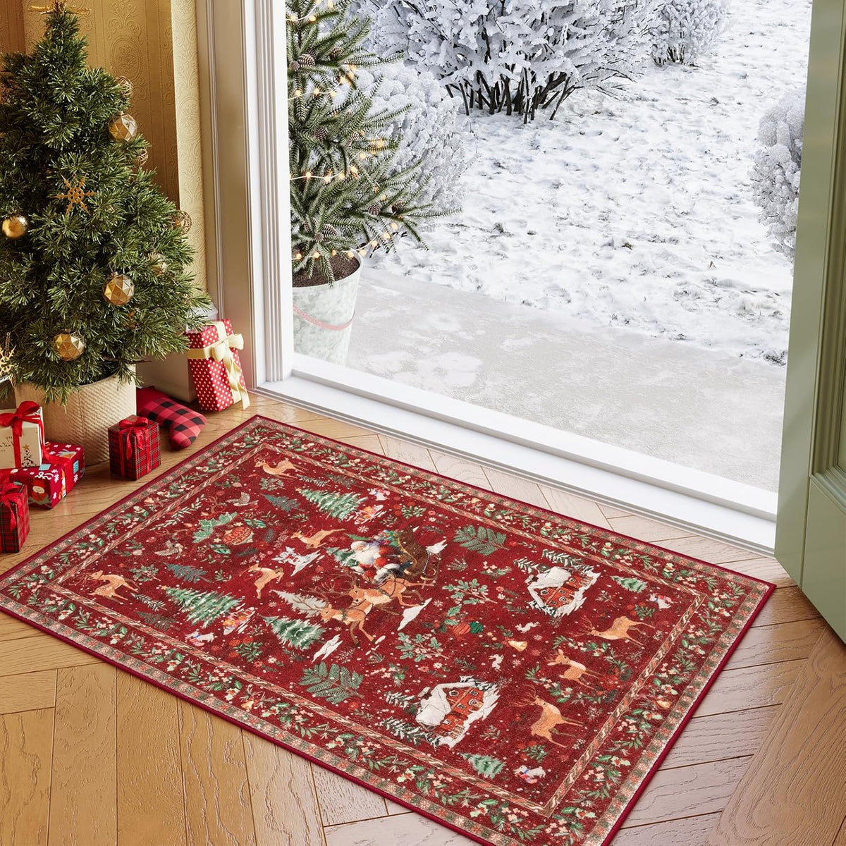 🎄 Vintage Christmas Deer & Santa Long Runner Rug
