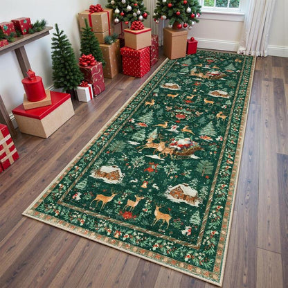 🎄 Vintage Christmas Deer & Santa Long Runner Rug