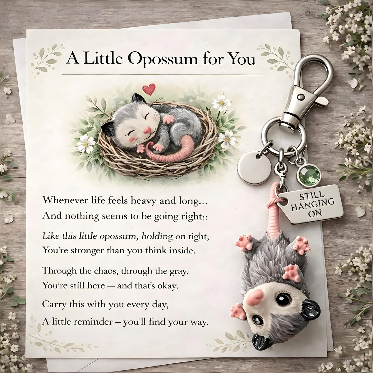 A Little Opossum for You - "Still Hanging On" Keychain & Sentiment Card Set