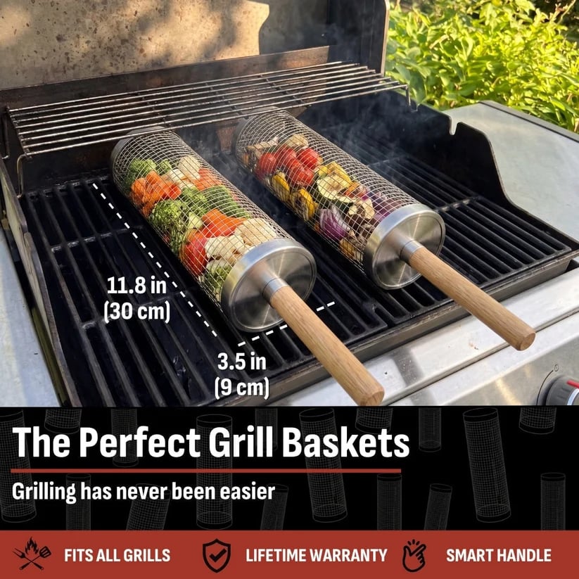 304 Stainless Steel Rolling Grill Basket with Heat Resistant Handle – BBQ Basket for Vegetables, Shrimp & Small Foods