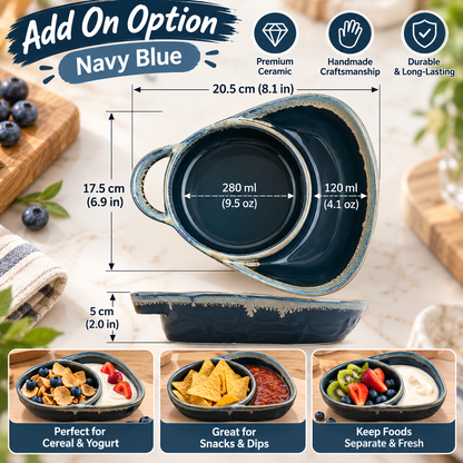 🥣 Handmade Ceramic 2-in-1 Cereal & Dip Bowl Set – Keep Crunchy & Creamy Separate