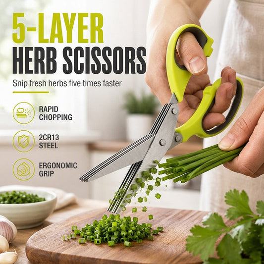 5-Blade Herb Scissors with Cleaning Brush – Stainless Steel Kitchen Herb Cutter