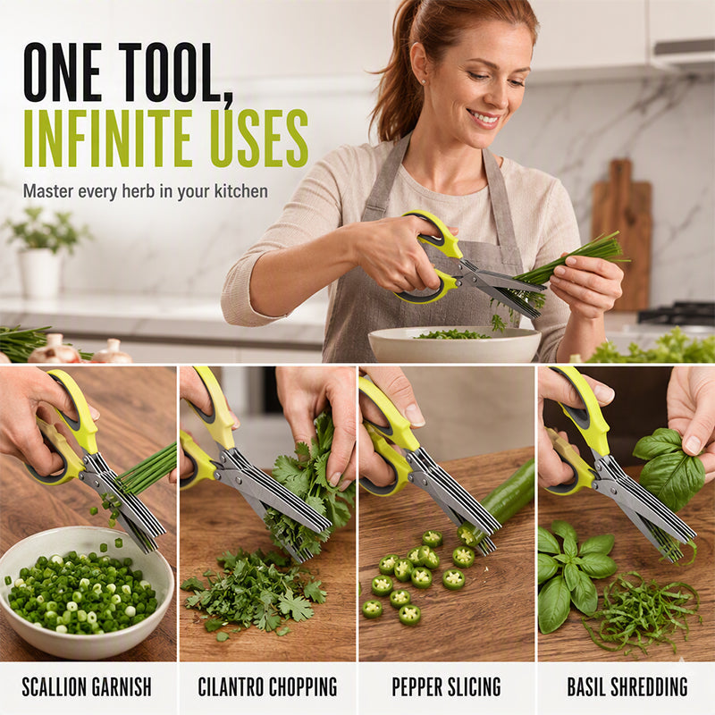 5-Blade Herb Scissors with Cleaning Brush – Stainless Steel Kitchen Herb Cutter
