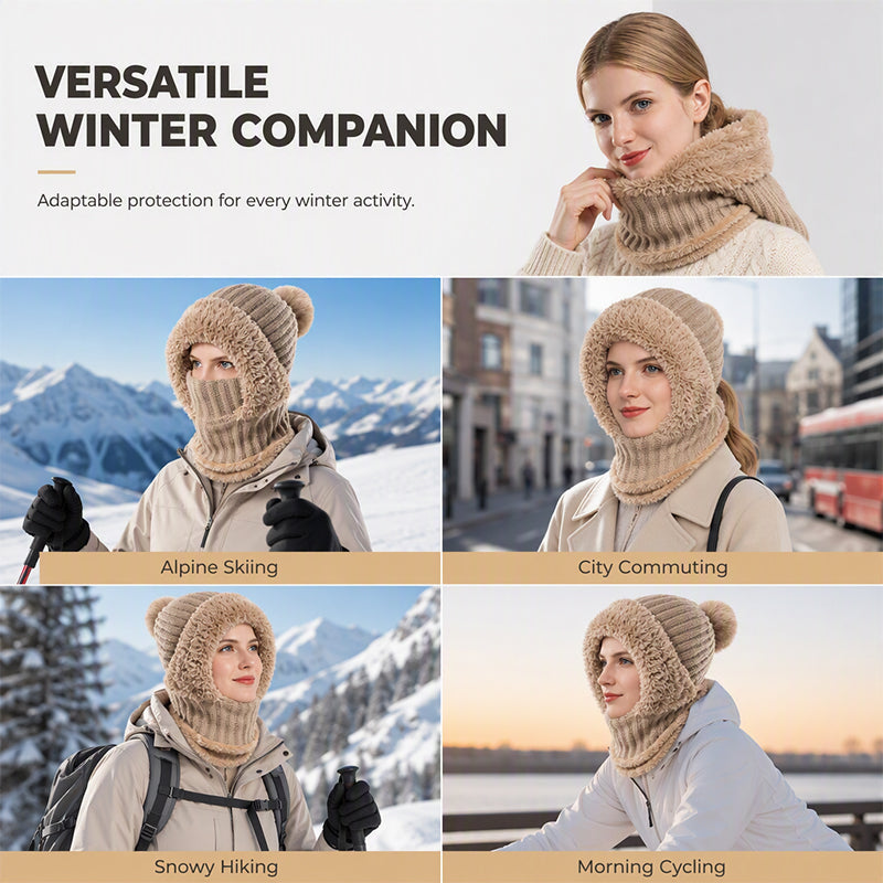 Women's Winter One-Piece Knitted Beanie, Scarf & Face Mask – Cozy Cold-Weather Hood