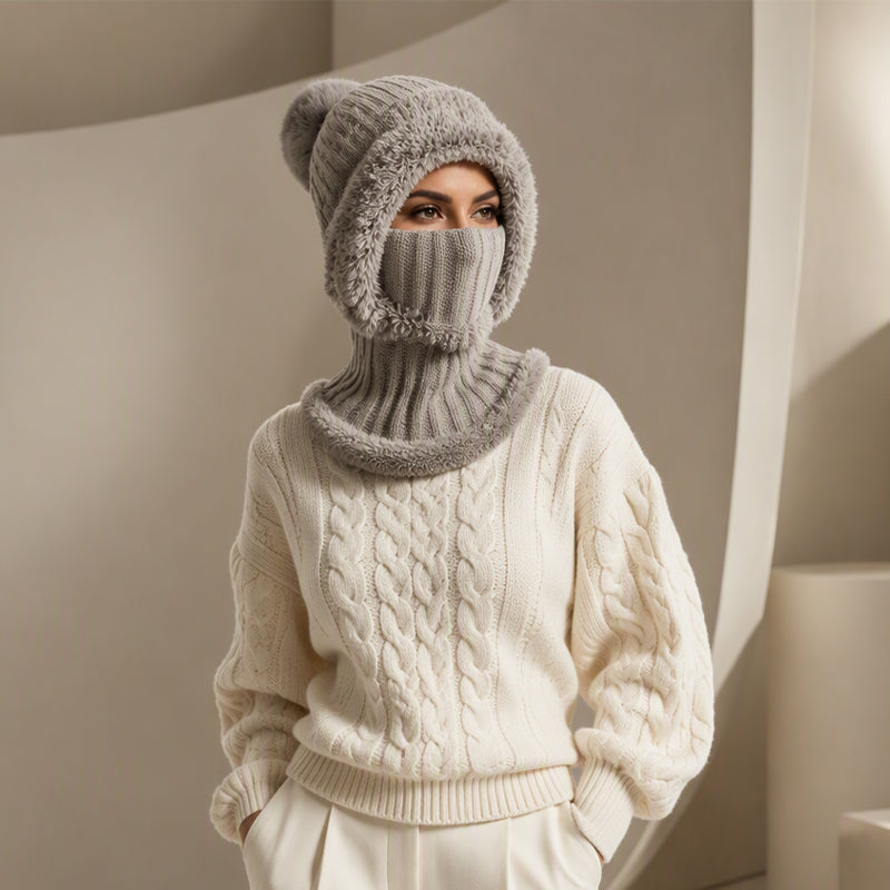 Women's Winter One-Piece Knitted Beanie, Scarf & Face Mask – Cozy Cold-Weather Hood